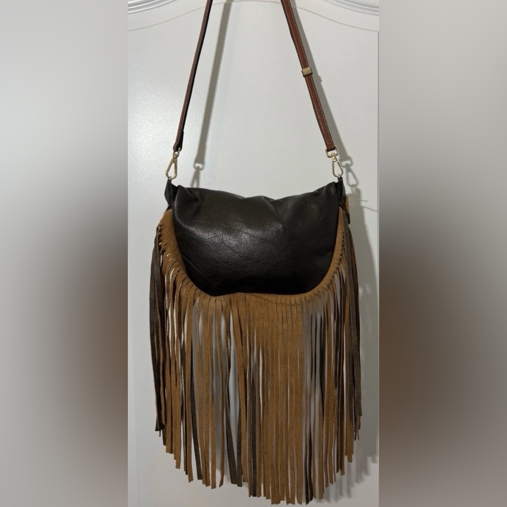 Hand Tooled Cowhide Leather Crossbody Bag Hair-On Brown White Fringe Western - Picture 4 of 12